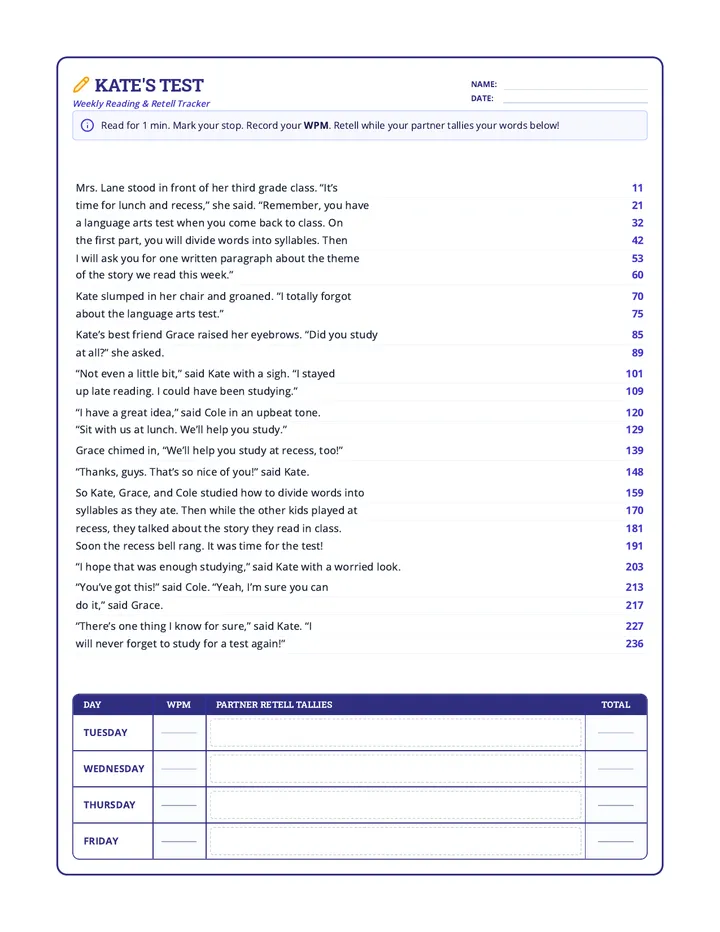 Test Prep Fluency Worksheet
