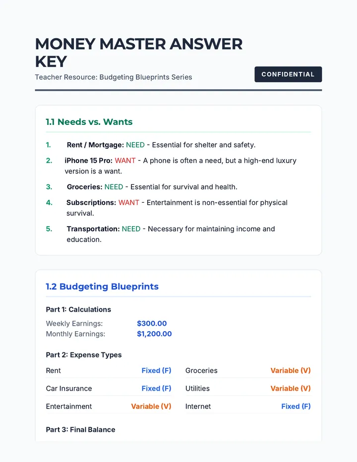Money Master Answer Key