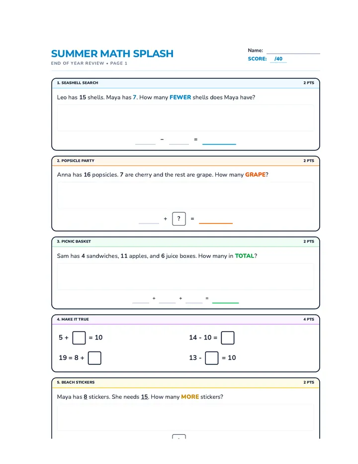 Summer Math Splash Worksheet Trimmed