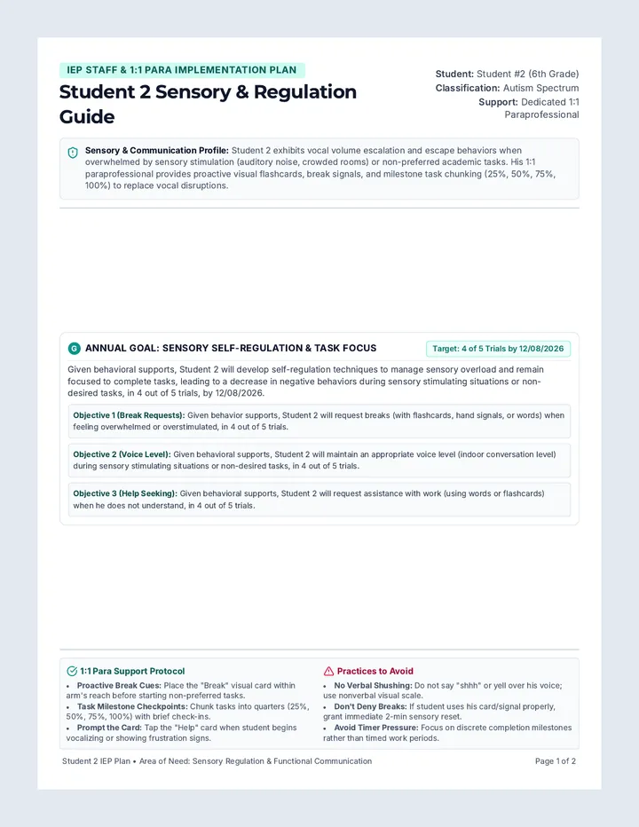 Student Two Sensory Guide