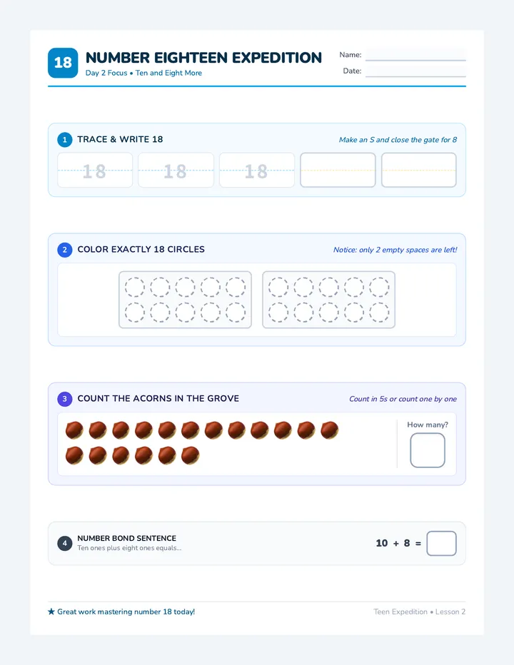 Number Eighteen Practice Sheet