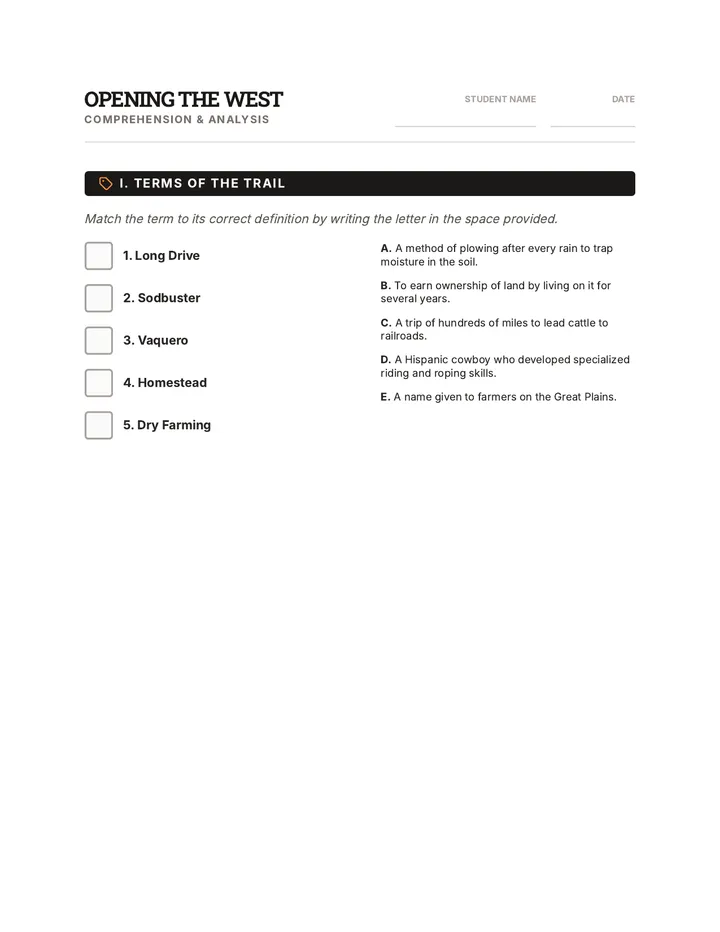 Frontier Reading Worksheet