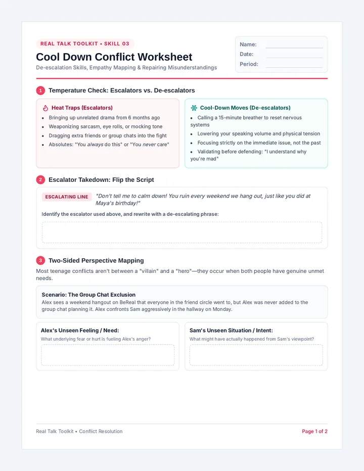 Cool Down Conflict Worksheet