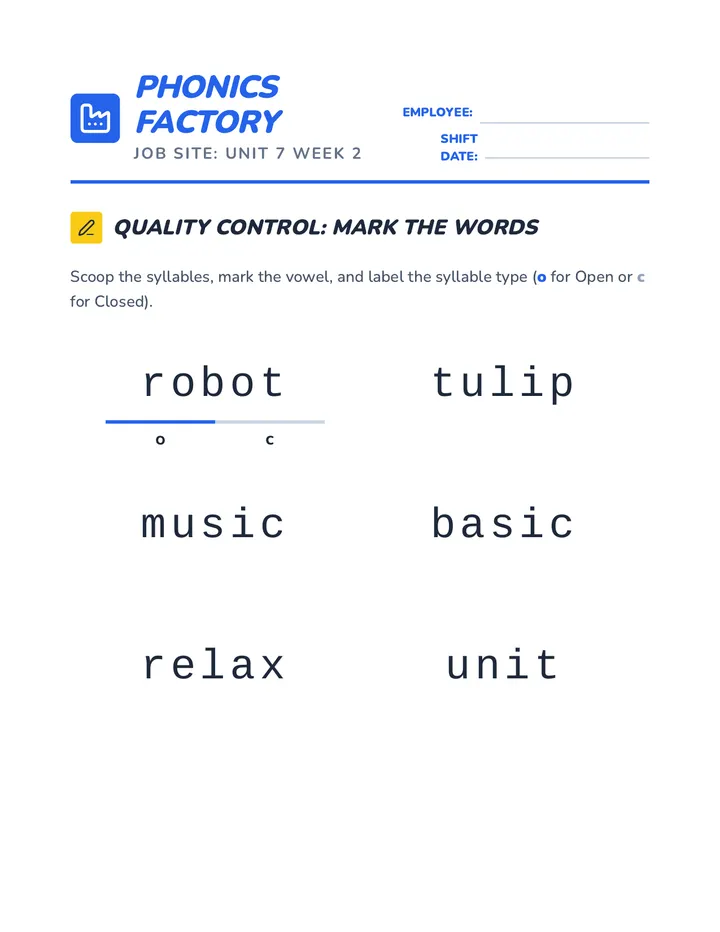 Syllable Sorter Worksheet