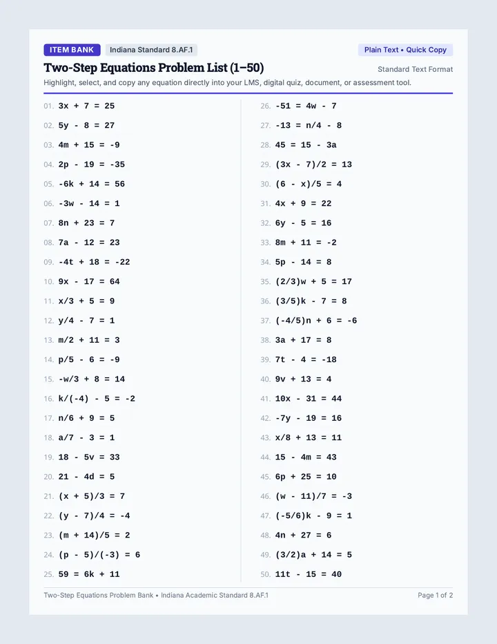 Two-Step Equations Problem Bank