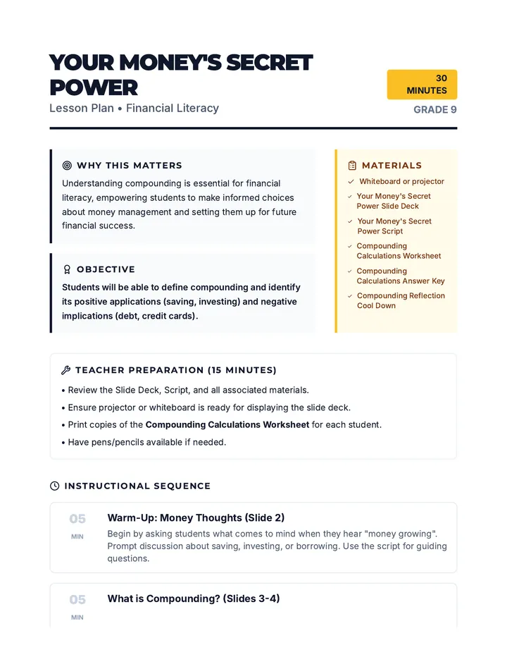 Money Power Lesson Plan