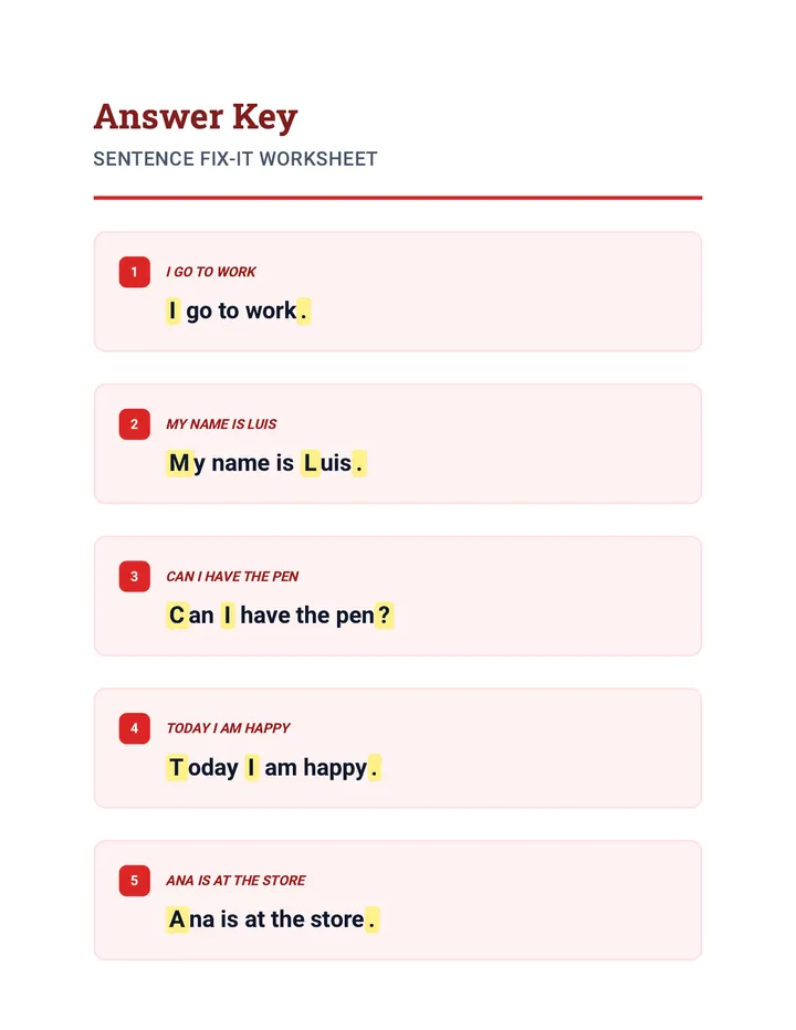 Sentence Fix-It Answer Key