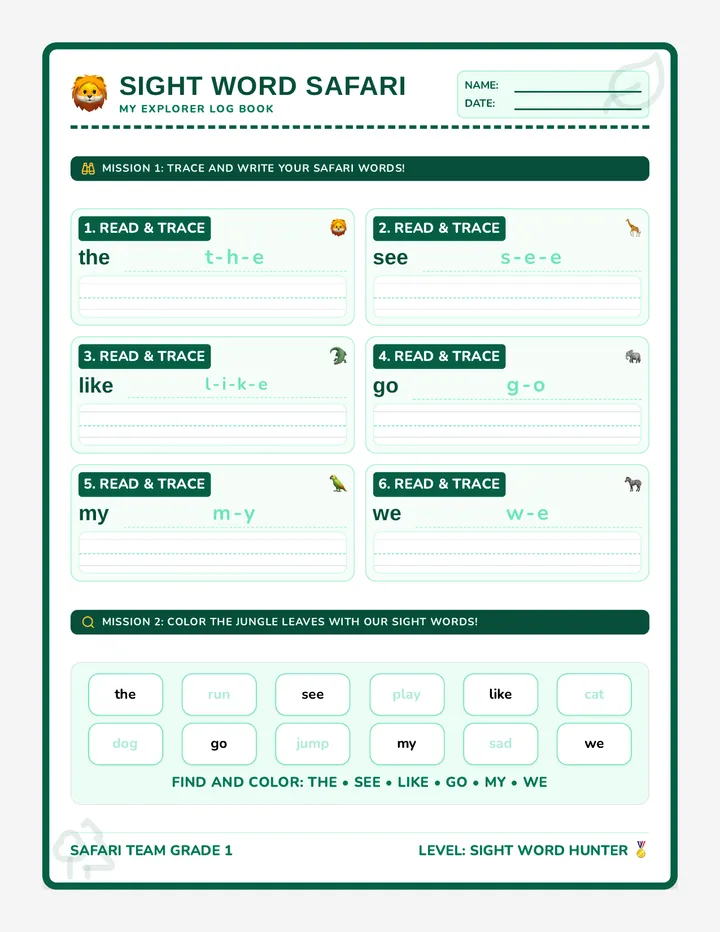 Sight Word Safari Explorer Log