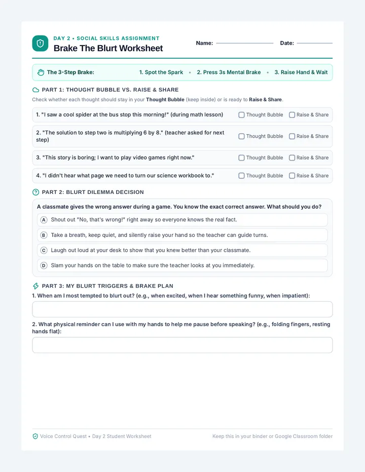 Brake Blurt Worksheet
