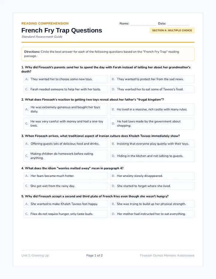 French Fry Trap Comprehension Questions