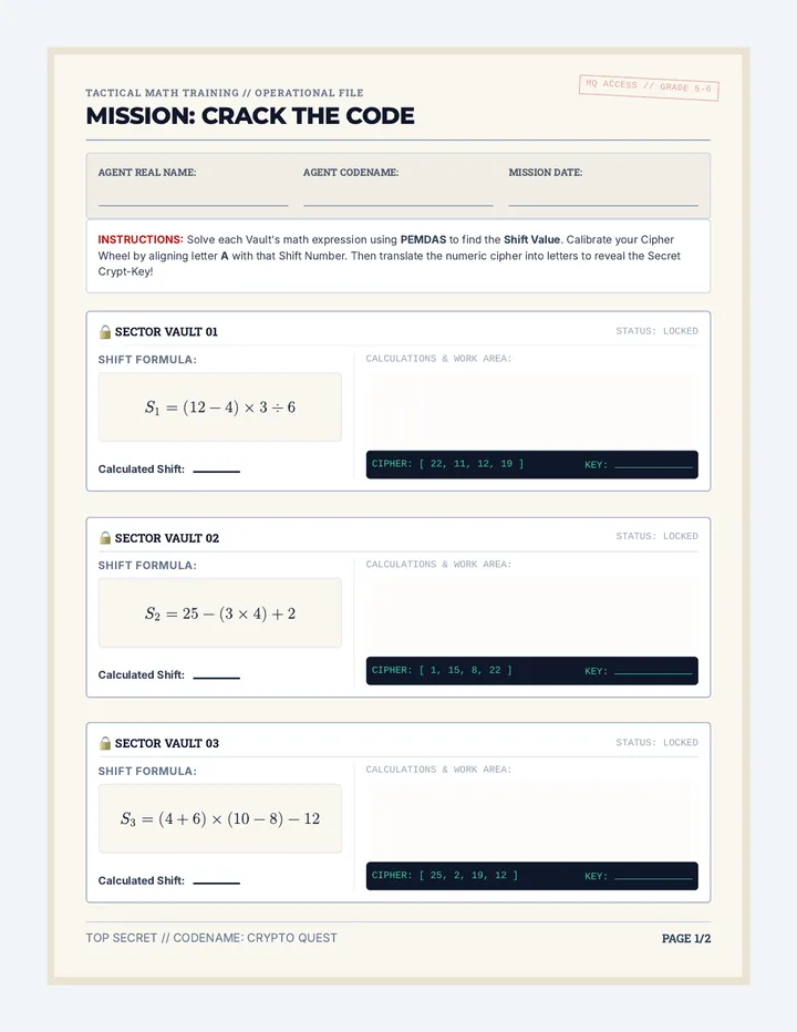 Mission Crack the Code Worksheet page 1