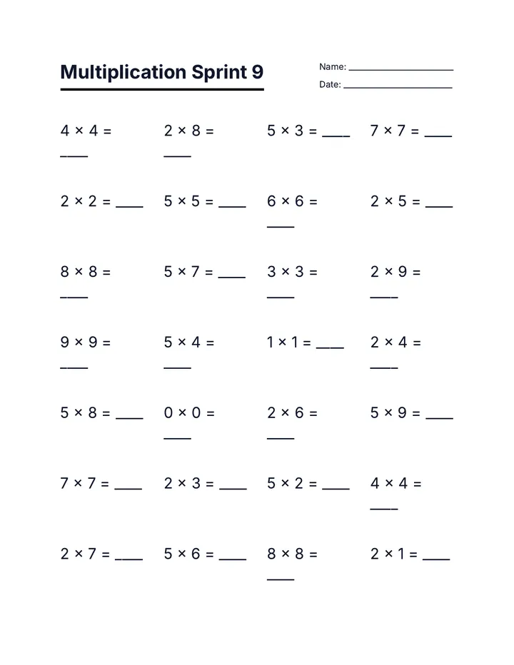Multiplication Sprint 9 Worksheet