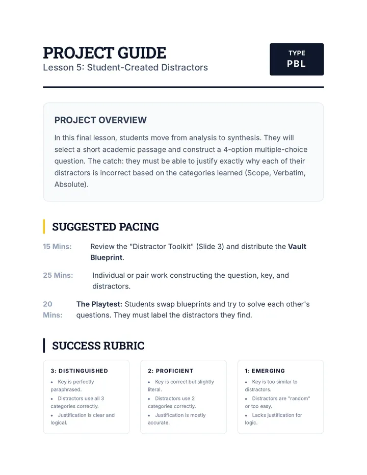 Student Created Distractors Teacher Guide
