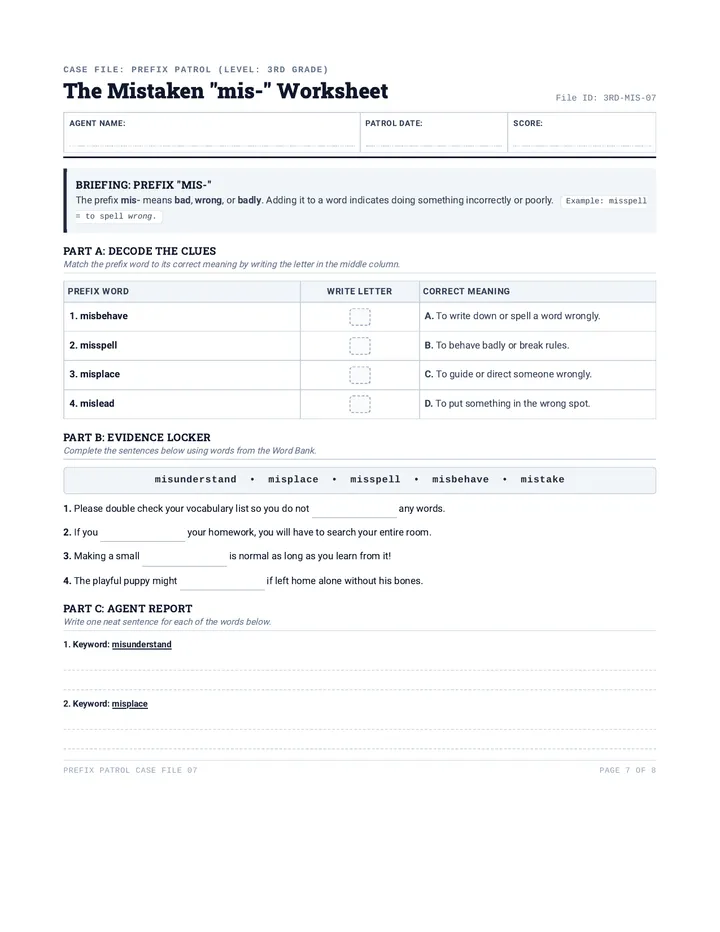 Prefix Patrol Mis Worksheet