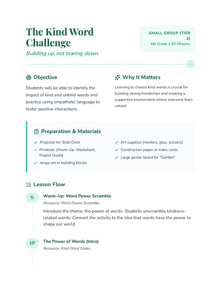 Kind Word Lesson Plan
