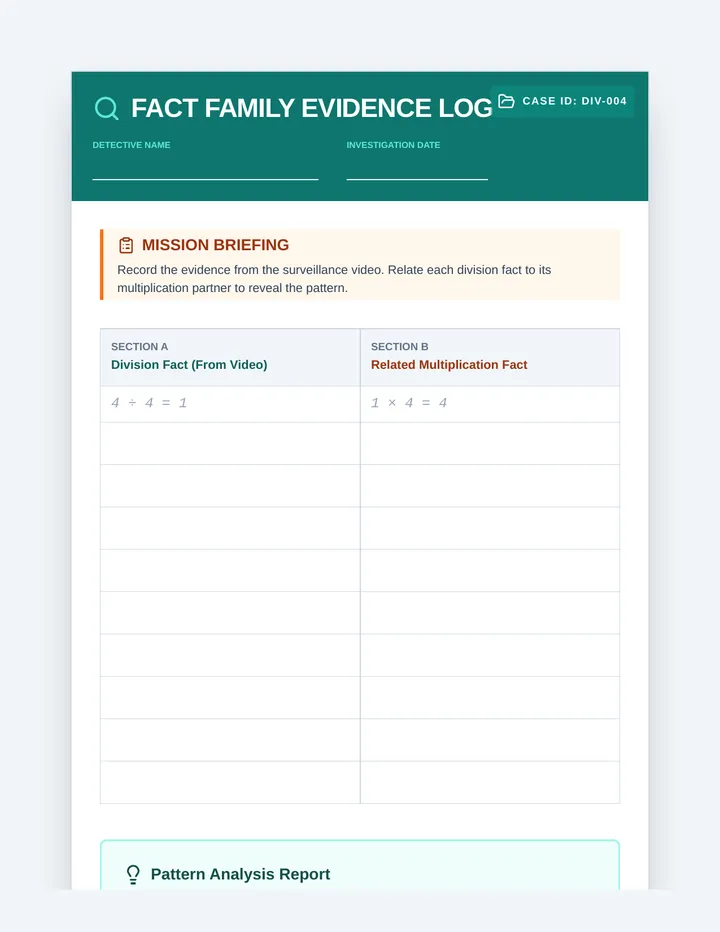 Fact Family Evidence Log Worksheet