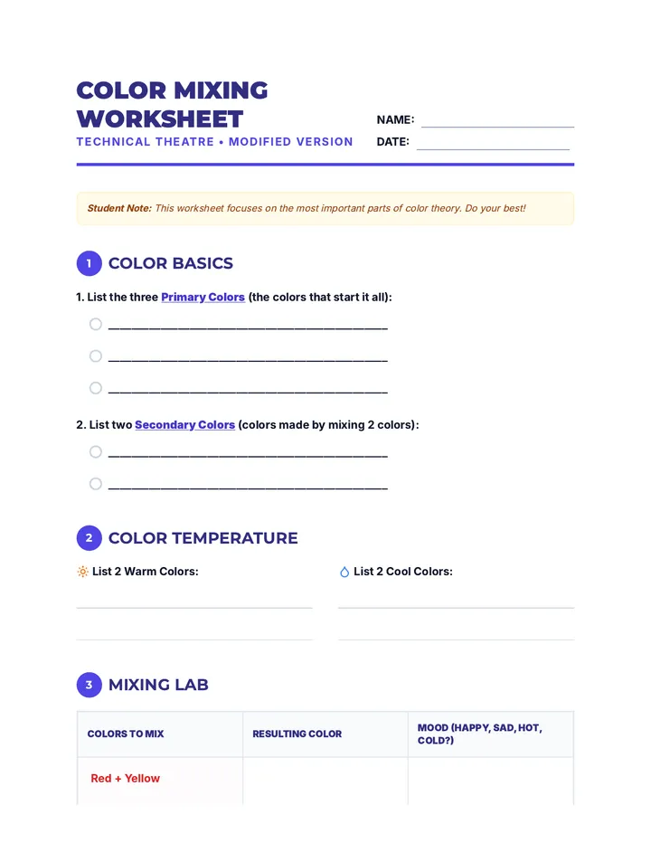Modified Color Mixing Worksheet
