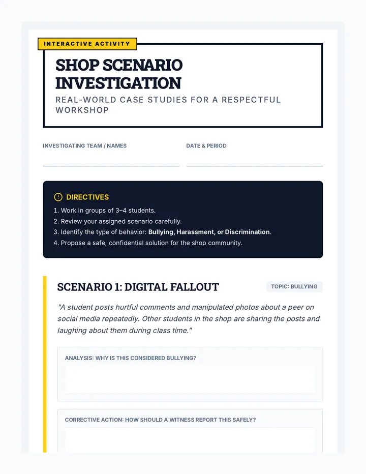 Shop Scenarios Worksheet