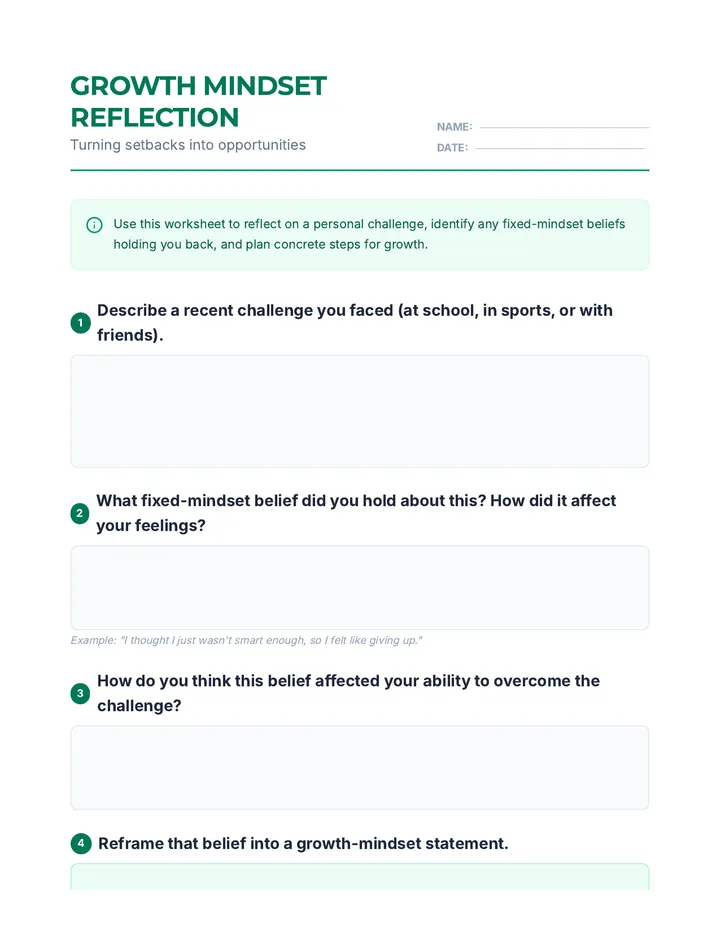 Growth Mindset Reflection Worksheet
