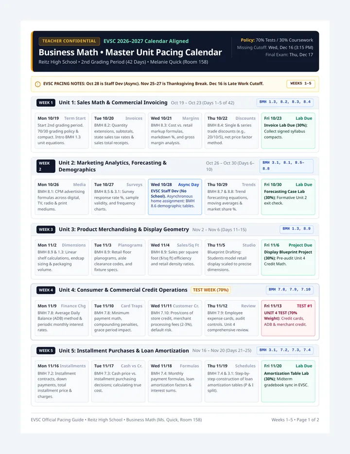 Business Math Teacher Calendar