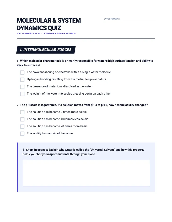 H2O System Analysis Quiz 9th Grade