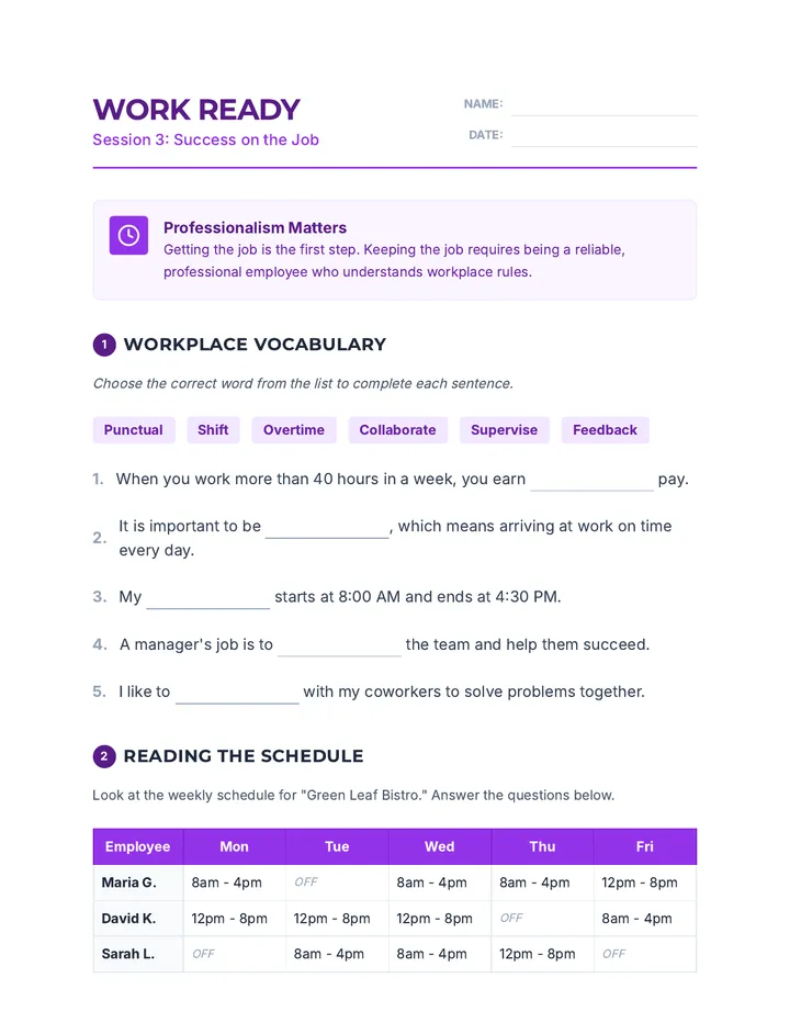 Workplace Literacy Worksheet