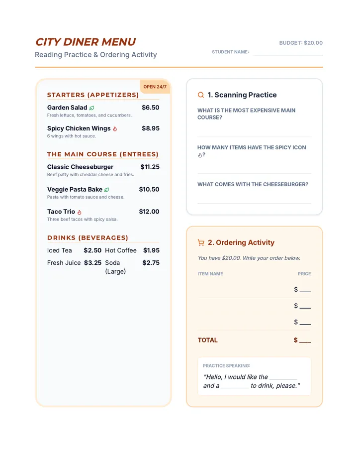 Menu Master Worksheet