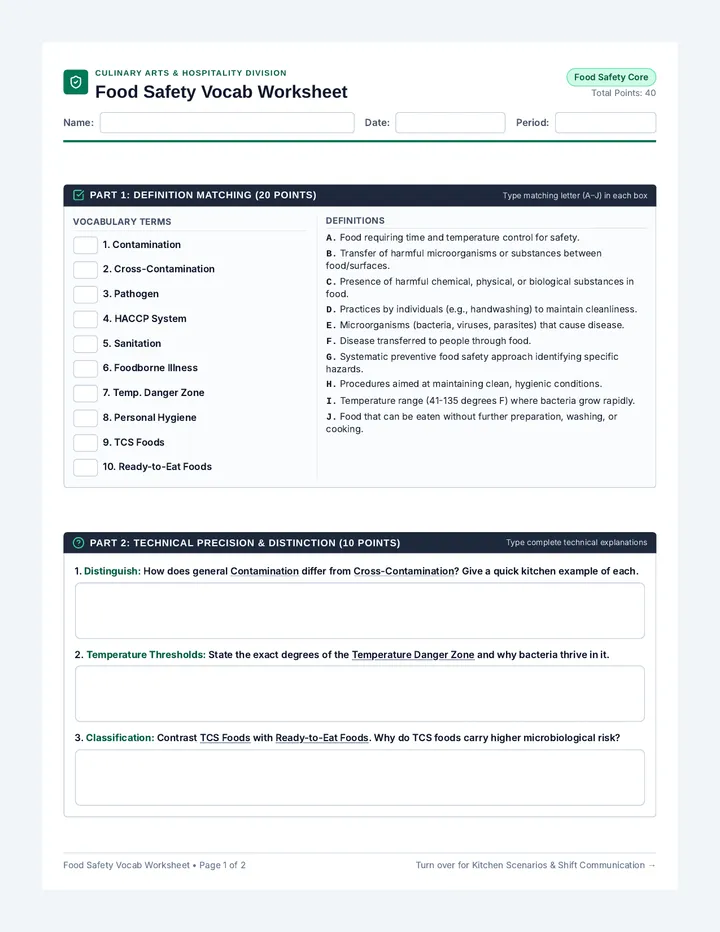 Food Safety Vocab Worksheet