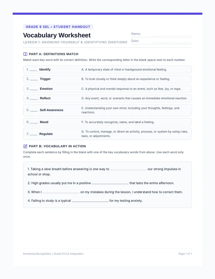 Knowing Yourself Vocabulary Worksheet