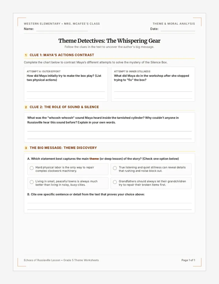 Echoes of Oakwood Theme Worksheet
