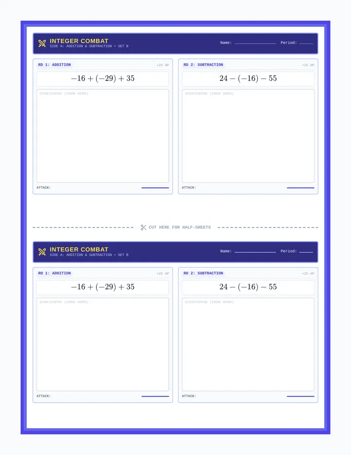 Integer Combat Set B Worksheet