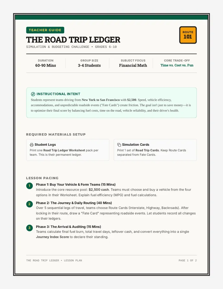 Road Trip Ledger Teacher Guide