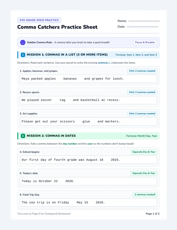 Comma Catchers Practice Sheet