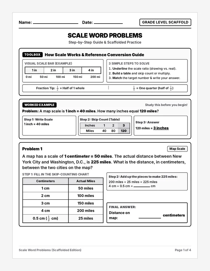 Scale Word Problems Scaffolded Worksheet