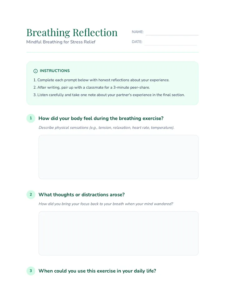 Breathing Reflection Activity Sheet