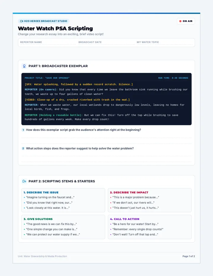 Water Watch Scripting Worksheet page 1