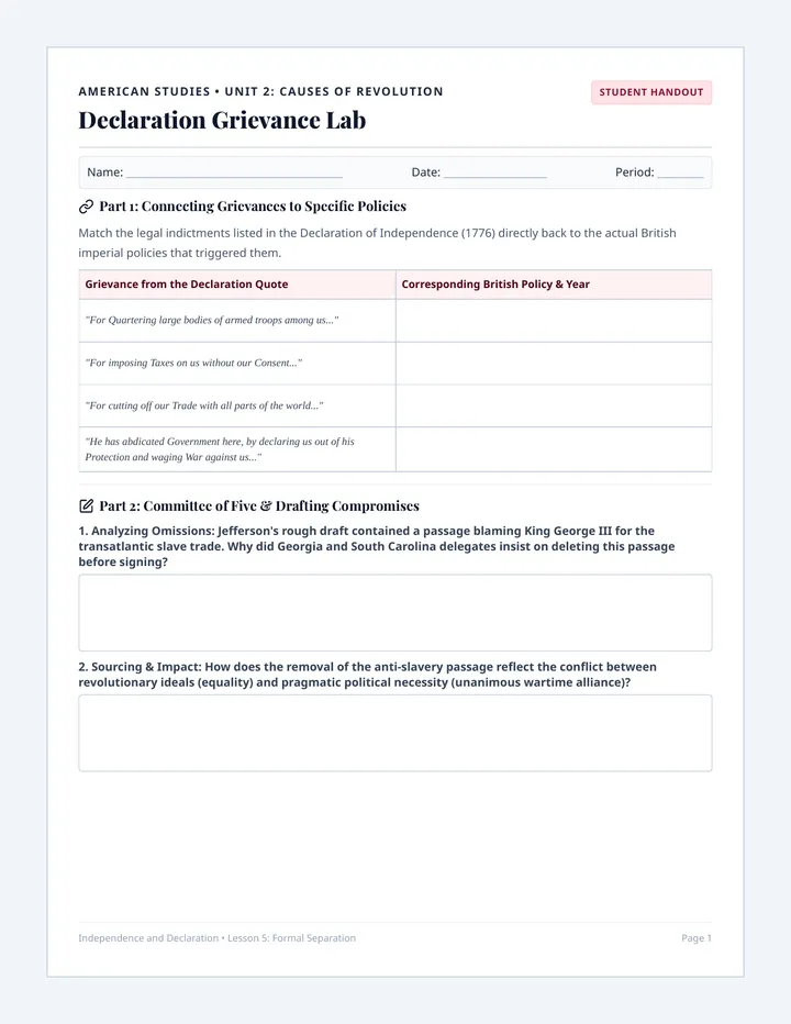 Independence and Declaration Worksheet