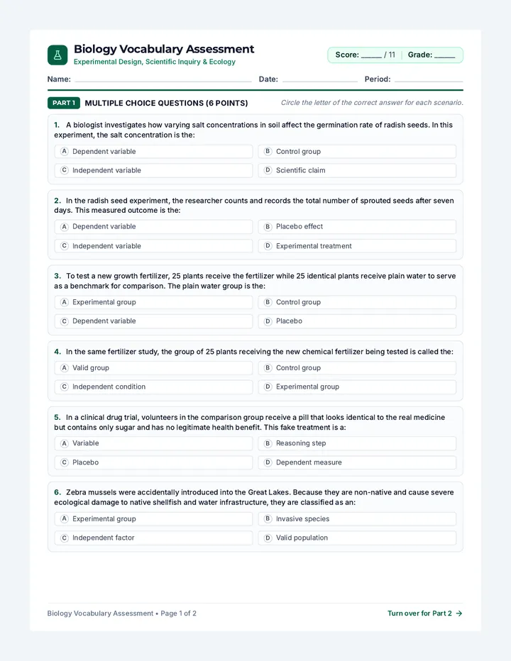 Scientific Inquiry Vocabulary Quiz