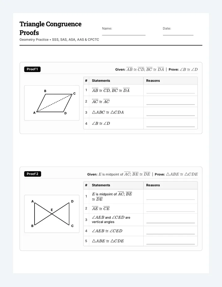 Triangle Congruence Proofs Worksheet