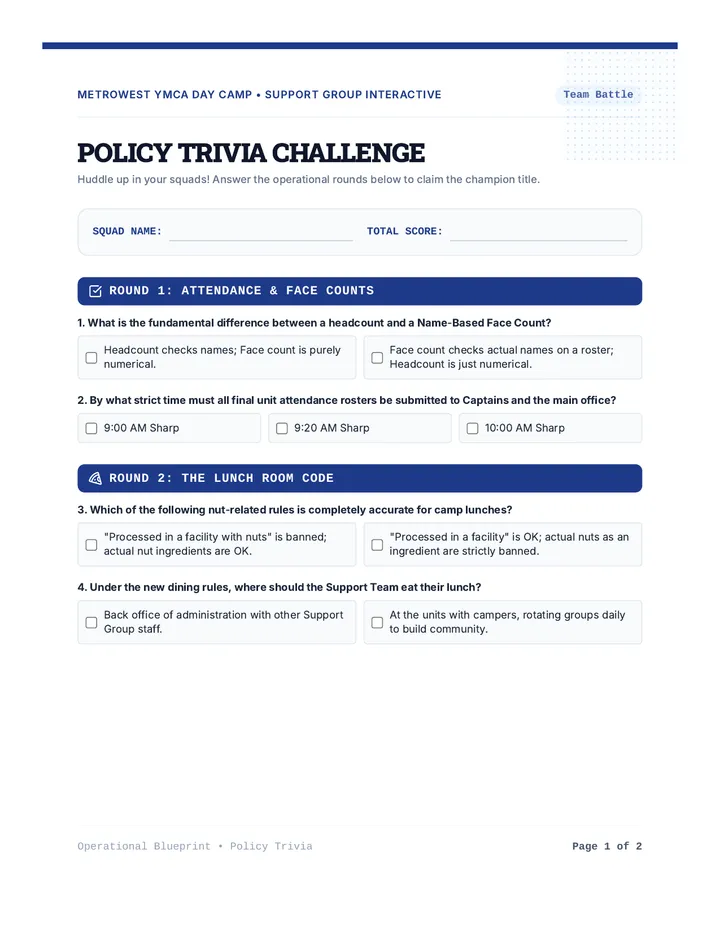 Policy Trivia Challenge Board page 1
