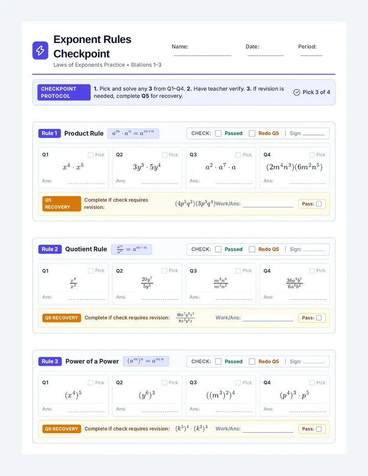 Exponent Rules Checkpoint Worksheet