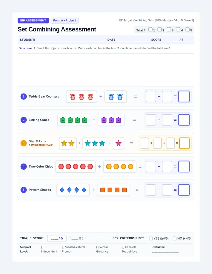 Set Combining Assessment Worksheet