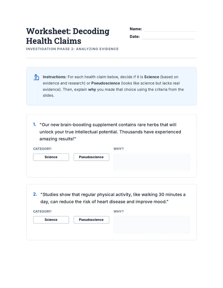 Decoding Health Claims Worksheet