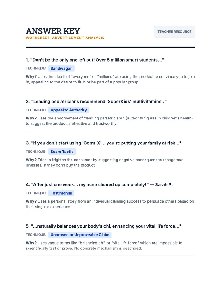Advertisement Analysis Answer Key