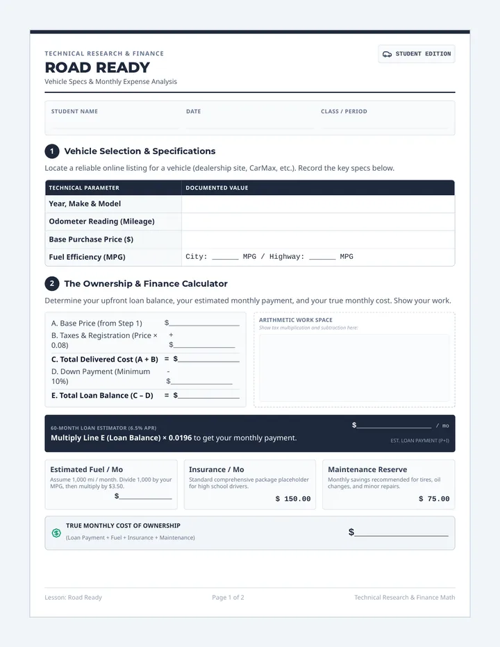 Road Ready Worksheet