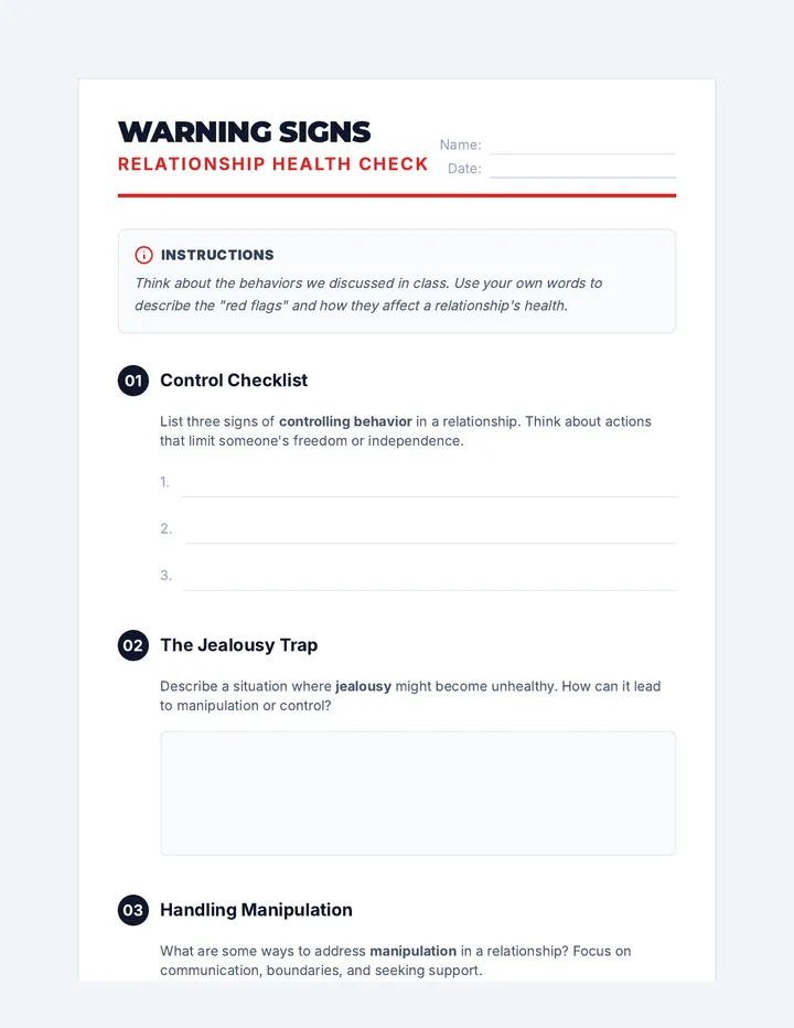 Warning Signs Worksheet
