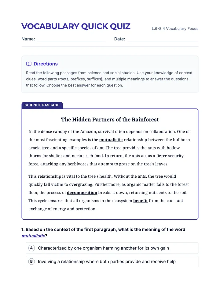Vocabulary Quick Quiz Worksheet