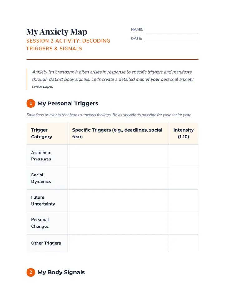 My Anxiety Map Worksheet
