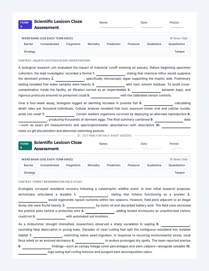 Scientific Lexicon Cloze Quiz