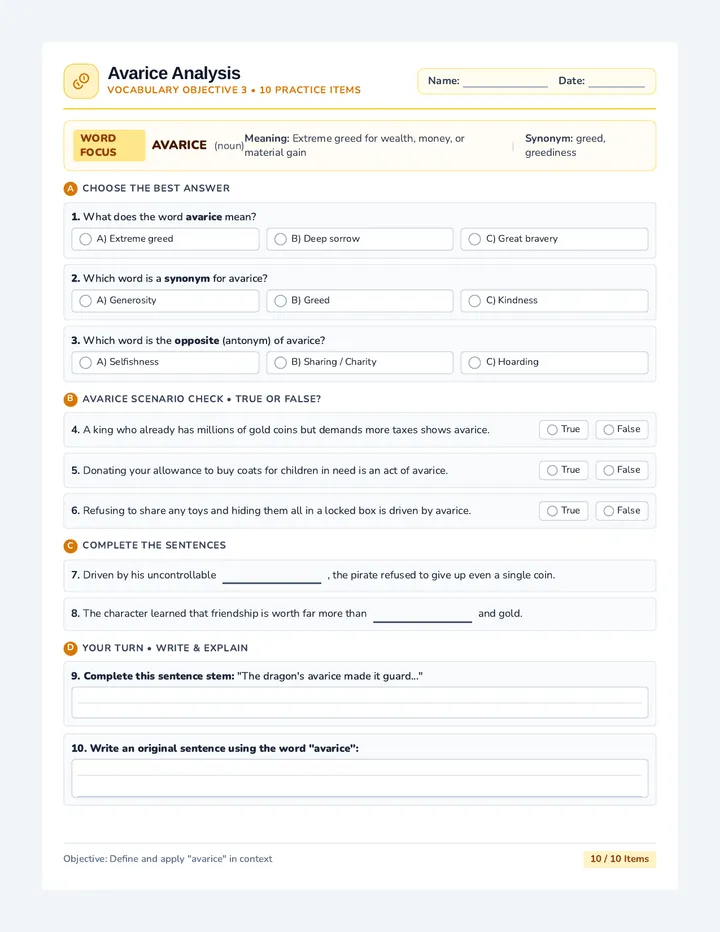 Avarice Analysis Worksheet